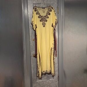 KAS New York Lime Green with Brown Embroidery Trim Caftan, size Medium